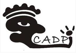 A face bordering the letters CADP with it forming an I at the end. All in black.